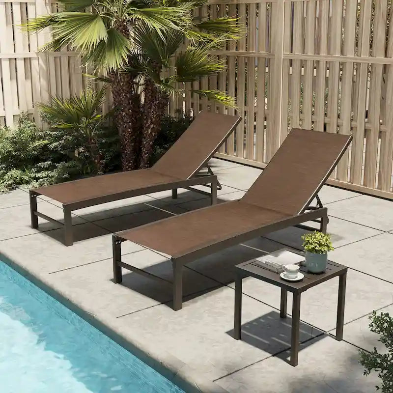 3-Piece Aluminum Chaise Lounge Set 2 Adjustable Chairs 1 Side Table