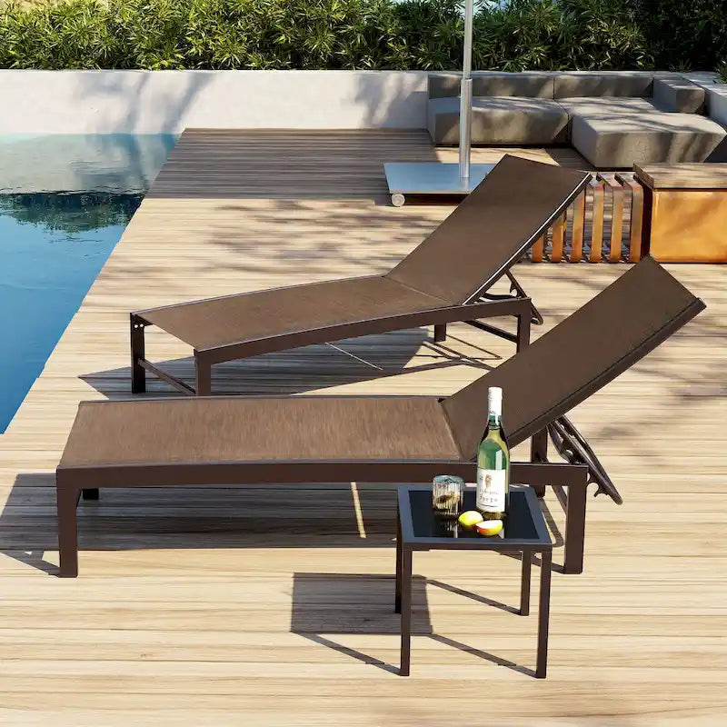 3-Piece Aluminum Chaise Lounge Set 2 Adjustable Chairs 1 Side Table