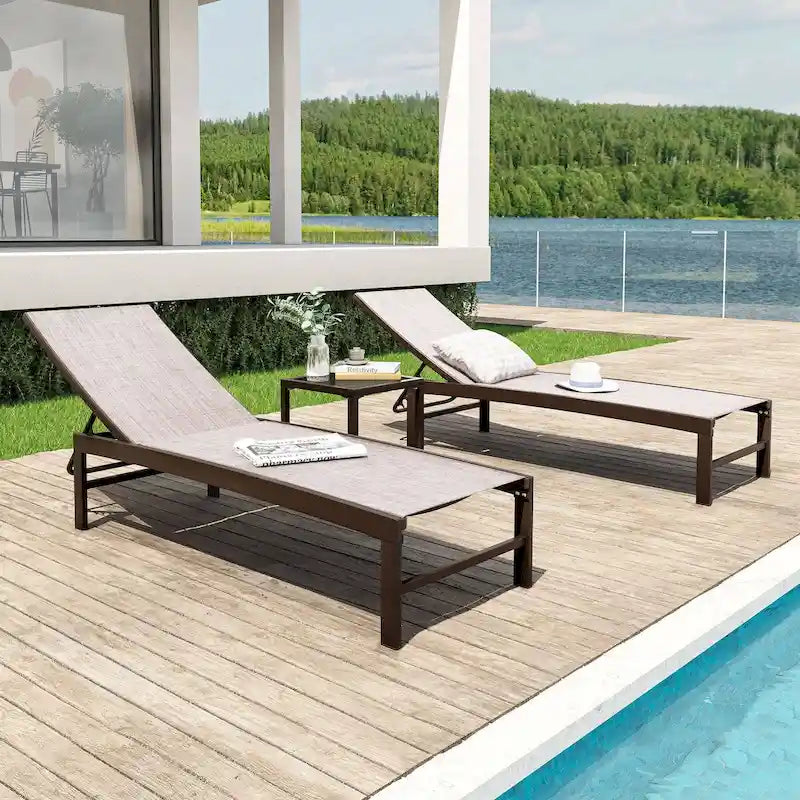 3-Piece Aluminum Chaise Lounge Set 2 Adjustable Chairs 1 Side Table