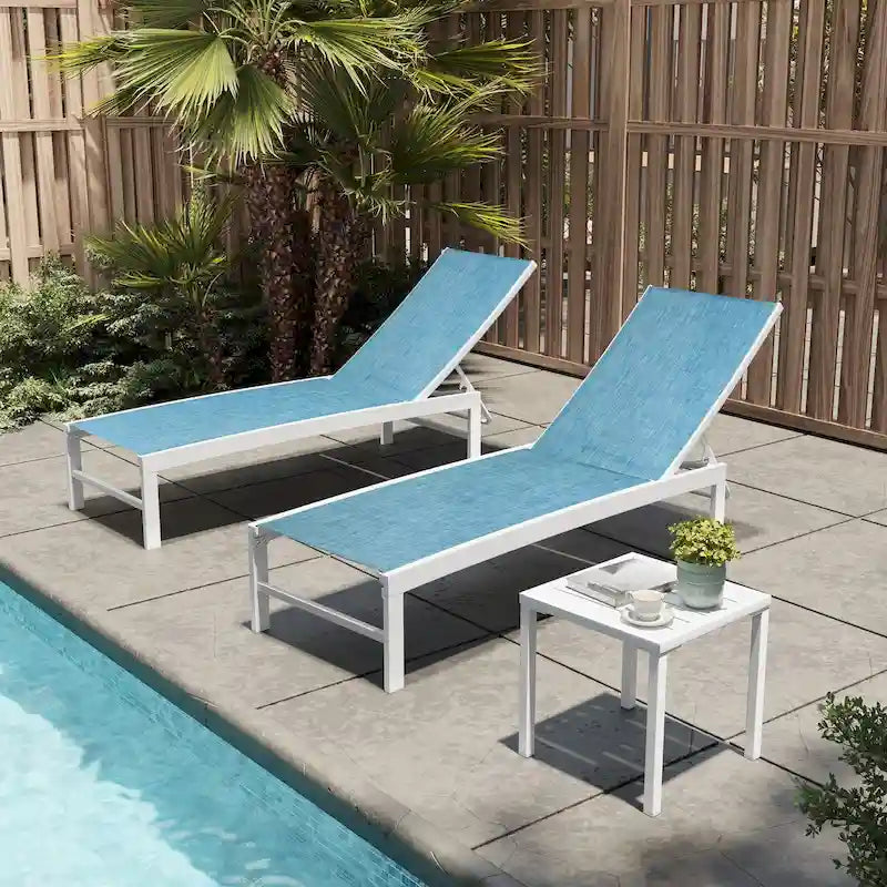 3-Piece Aluminum Chaise Lounge Set 2 Adjustable Chairs 1 Side Table
