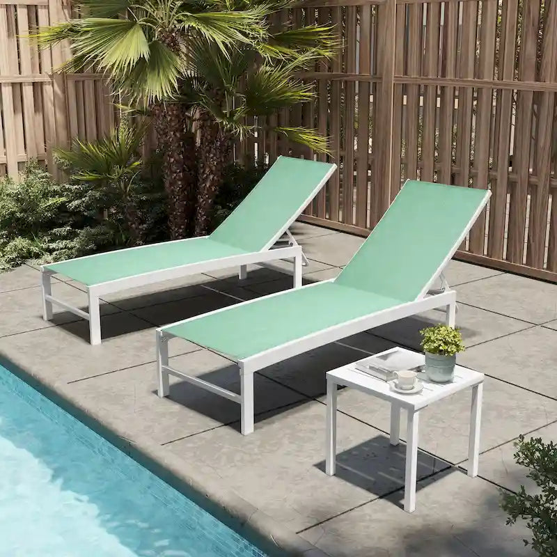 3-Piece Aluminum Chaise Lounge Set 2 Adjustable Chairs 1 Side Table