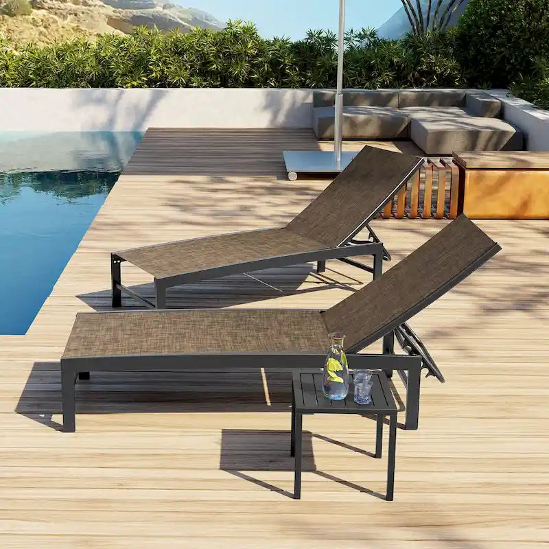 3-Piece Aluminum Chaise Lounge Set 2 Adjustable Chairs 1 Side Table