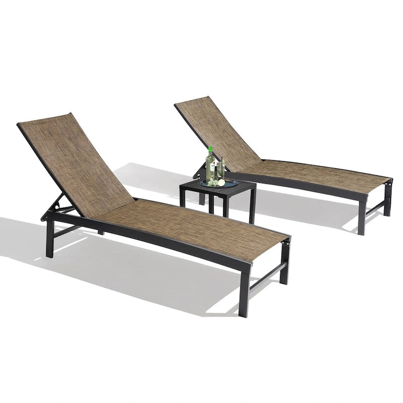3-Piece Aluminum Chaise Lounge Set 2 Adjustable Chairs 1 Side Table
