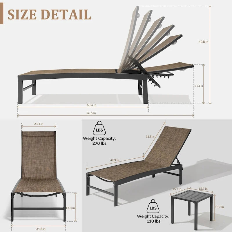 3-Piece Aluminum Chaise Lounge Set 2 Adjustable Chairs 1 Side Table