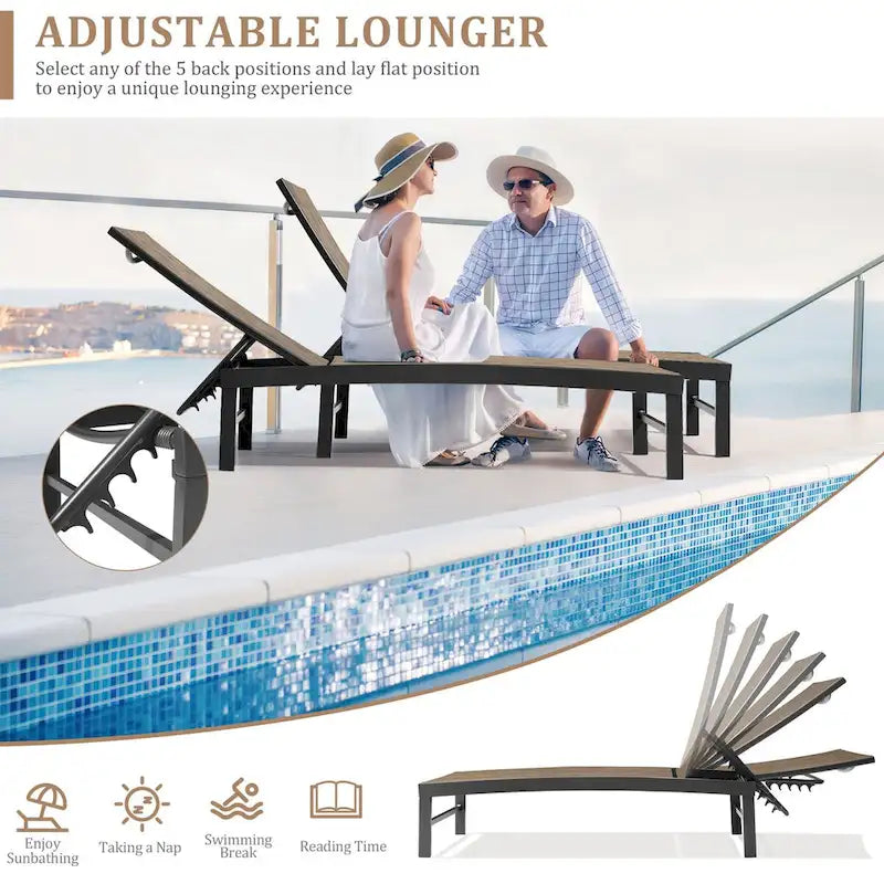 3-Piece Aluminum Chaise Lounge Set 2 Adjustable Chairs 1 Side Table