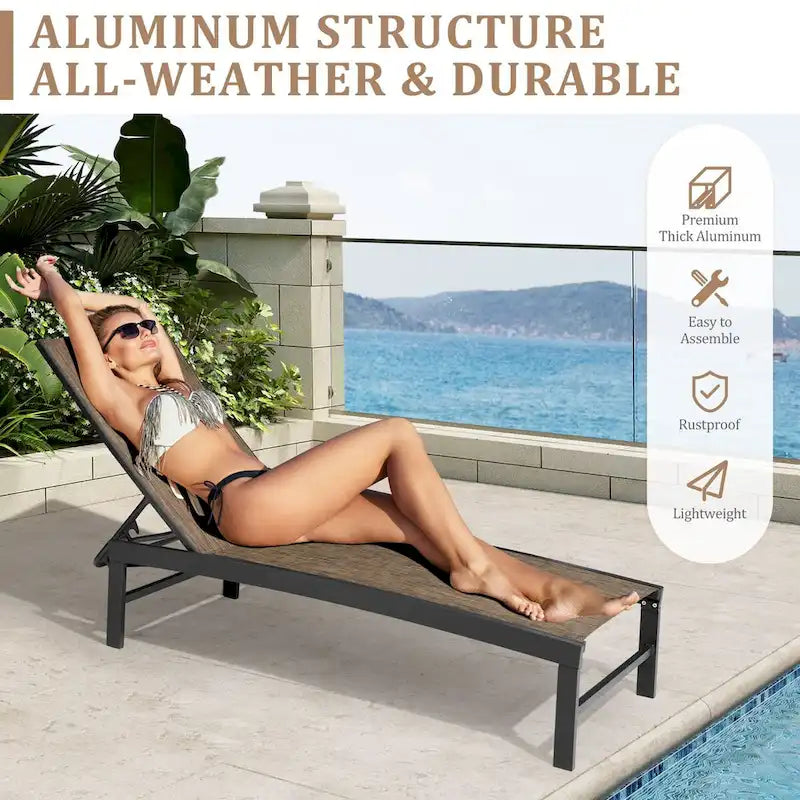 3-Piece Aluminum Chaise Lounge Set 2 Adjustable Chairs 1 Side Table