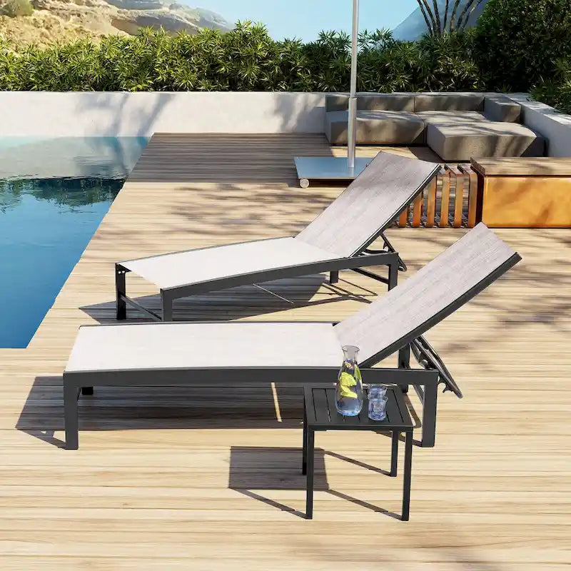 3-Piece Aluminum Chaise Lounge Set 2 Adjustable Chairs 1 Side Table