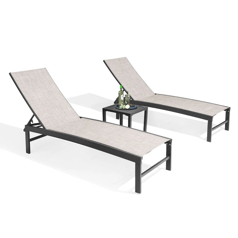 3-Piece Aluminum Chaise Lounge Set 2 Adjustable Chairs 1 Side Table