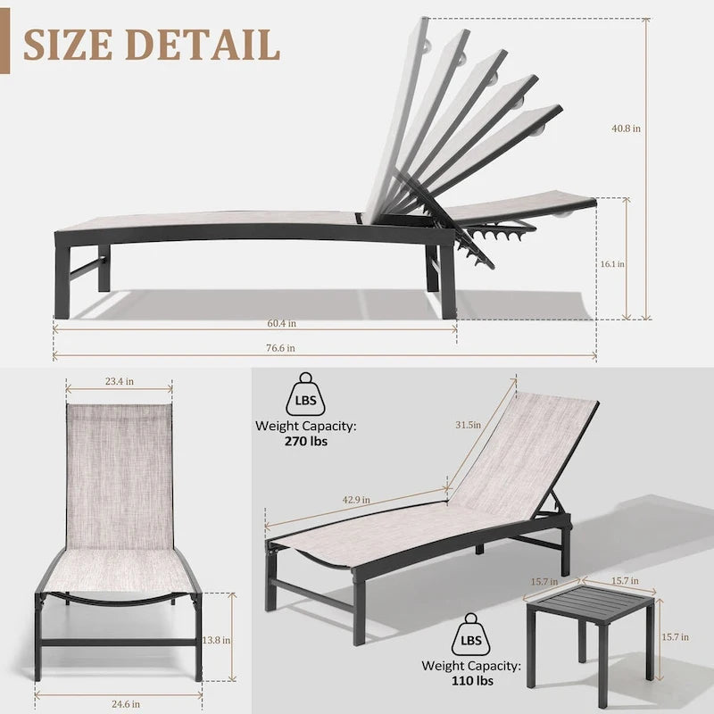 3-Piece Aluminum Chaise Lounge Set 2 Adjustable Chairs 1 Side Table