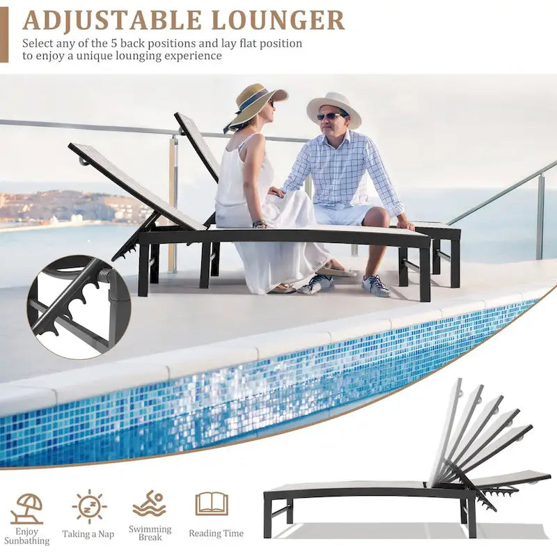 3-Piece Aluminum Chaise Lounge Set 2 Adjustable Chairs 1 Side Table