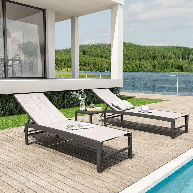 3-Piece Aluminum Chaise Lounge Set 2 Adjustable Chairs 1 Side Table