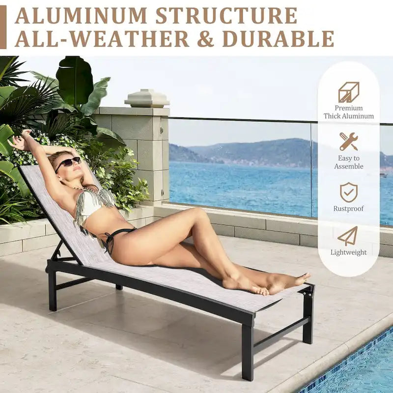 3-Piece Aluminum Chaise Lounge Set 2 Adjustable Chairs 1 Side Table