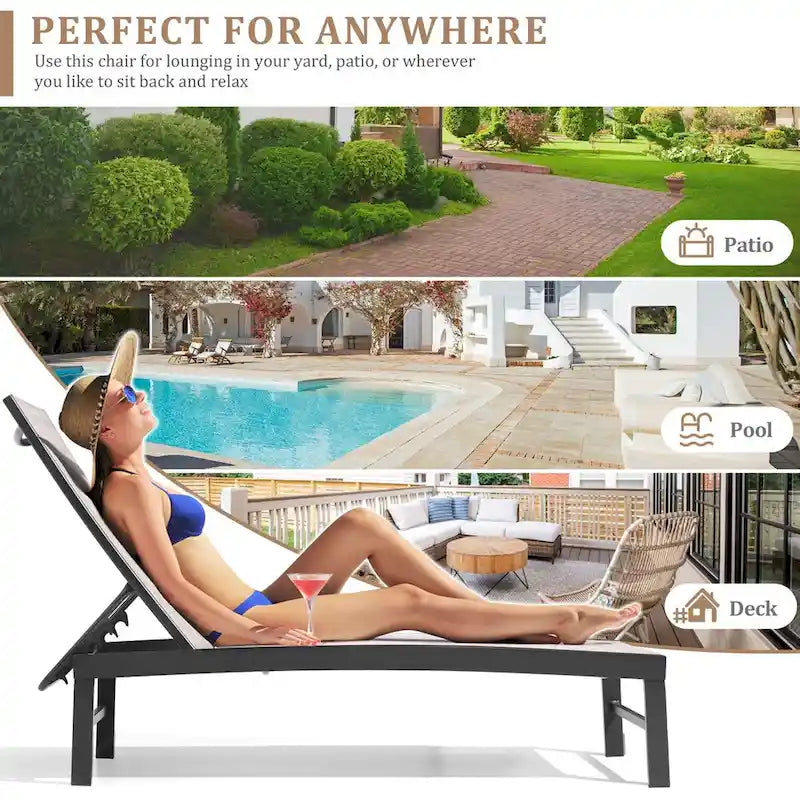 3-Piece Aluminum Chaise Lounge Set 2 Adjustable Chairs 1 Side Table