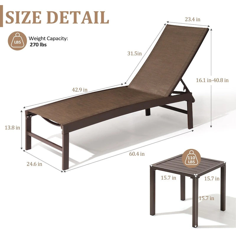 3-Piece Aluminum Chaise Lounge Set 2 Adjustable Chairs 1 Side Table
