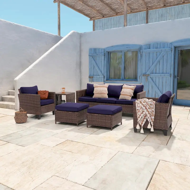 6-Piece PE Rattan Sofa Set Brown 3-Seat Sofa 2 Chairs 2 Ottomans 1 Table