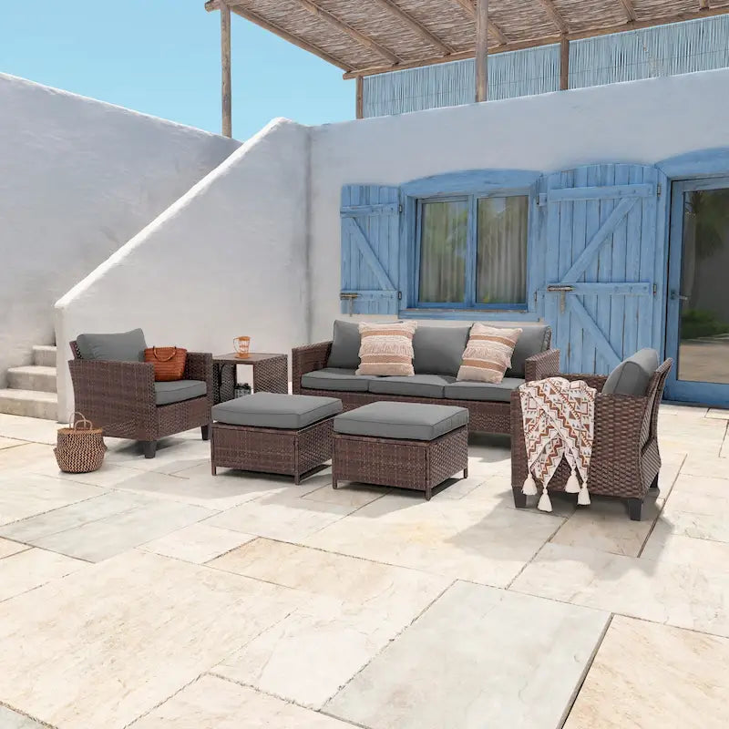 6-Piece PE Rattan Sofa Set Brown 3-Seat Sofa 2 Chairs 2 Ottomans 1 Table