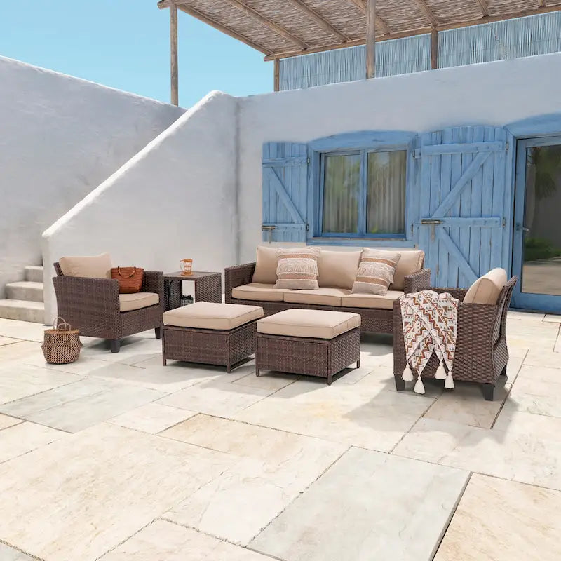 6-Piece PE Rattan Sofa Set Brown 3-Seat Sofa 2 Chairs 2 Ottomans 1 Table
