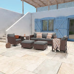 6-Piece PE Rattan Sofa Set Brown 3-Seat Sofa 2 Chairs 2 Ottomans 1 Table