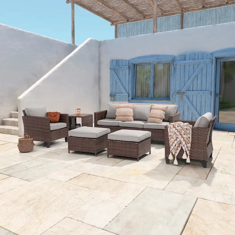 6-Piece PE Rattan Sofa Set Brown 3-Seat Sofa 2 Chairs 2 Ottomans 1 Table