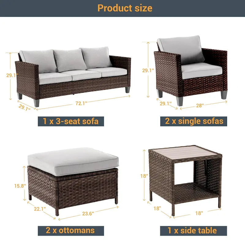 6-Piece PE Rattan Sofa Set Brown 3-Seat Sofa 2 Chairs 2 Ottomans 1 Table