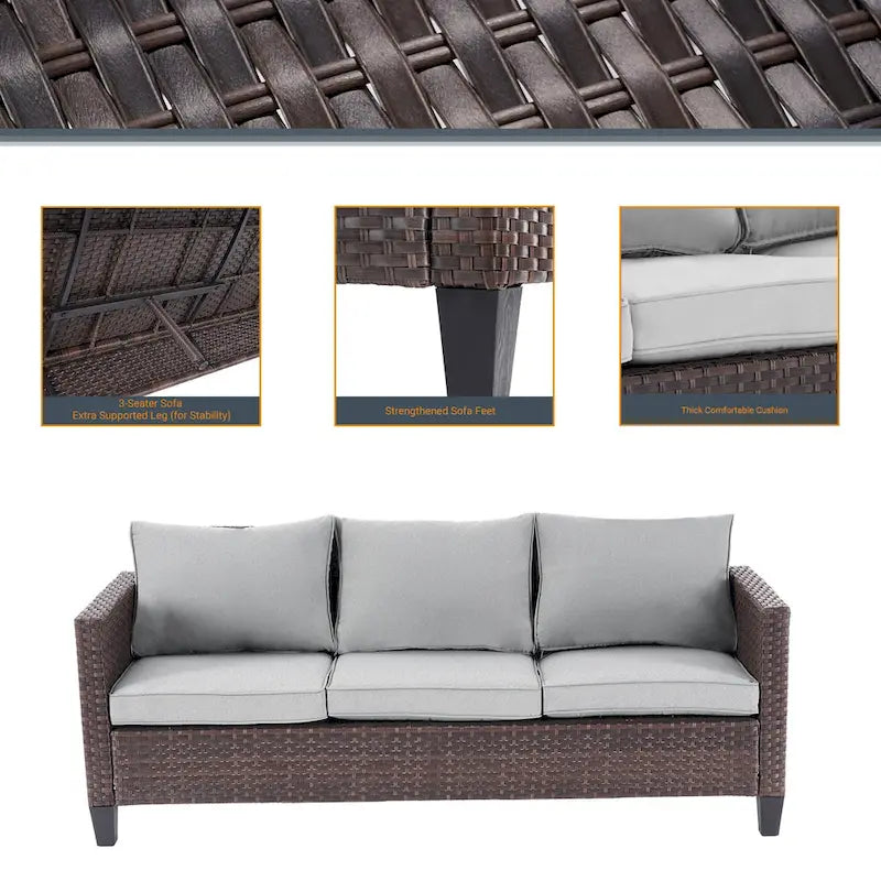 6-Piece PE Rattan Sofa Set Brown 3-Seat Sofa 2 Chairs 2 Ottomans 1 Table
