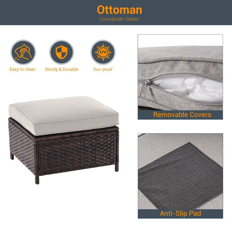 6-Piece PE Rattan Sofa Set Brown 3-Seat Sofa 2 Chairs 2 Ottomans 1 Table