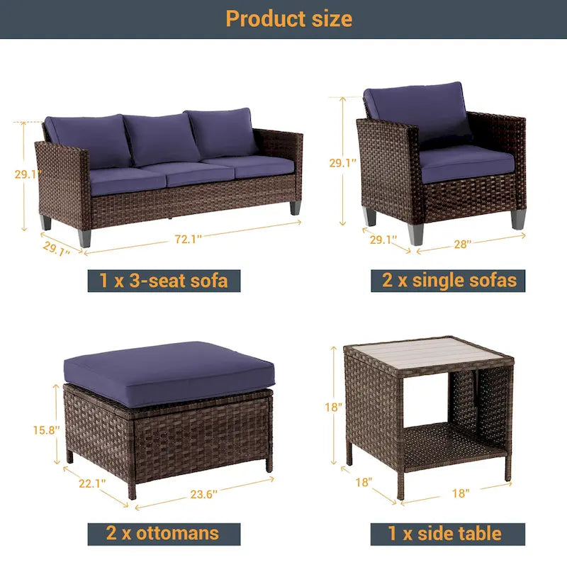 6-Piece PE Rattan Sofa Set Brown 3-Seat Sofa 2 Chairs 2 Ottomans 1 Table