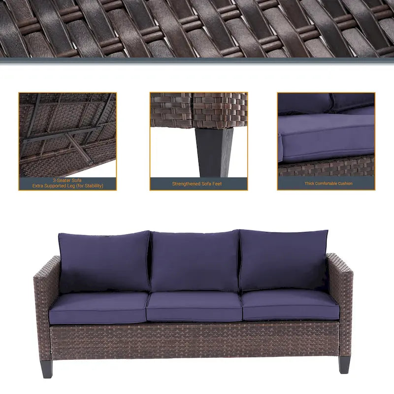 6-Piece PE Rattan Sofa Set Brown 3-Seat Sofa 2 Chairs 2 Ottomans 1 Table