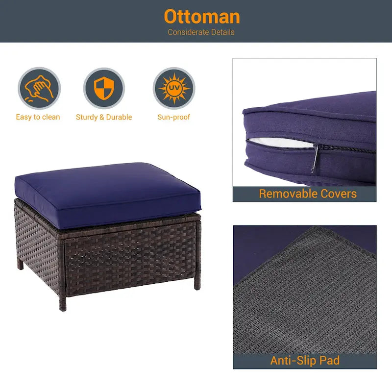 6-Piece PE Rattan Sofa Set Brown 3-Seat Sofa 2 Chairs 2 Ottomans 1 Table