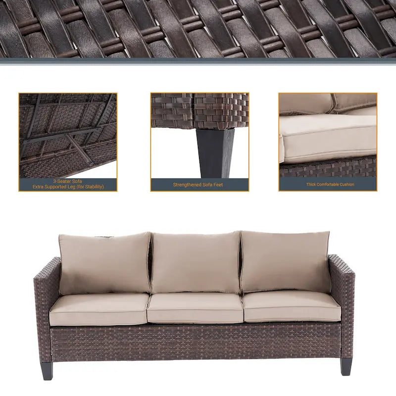 6-Piece PE Rattan Sofa Set Brown 3-Seat Sofa 2 Chairs 2 Ottomans 1 Table