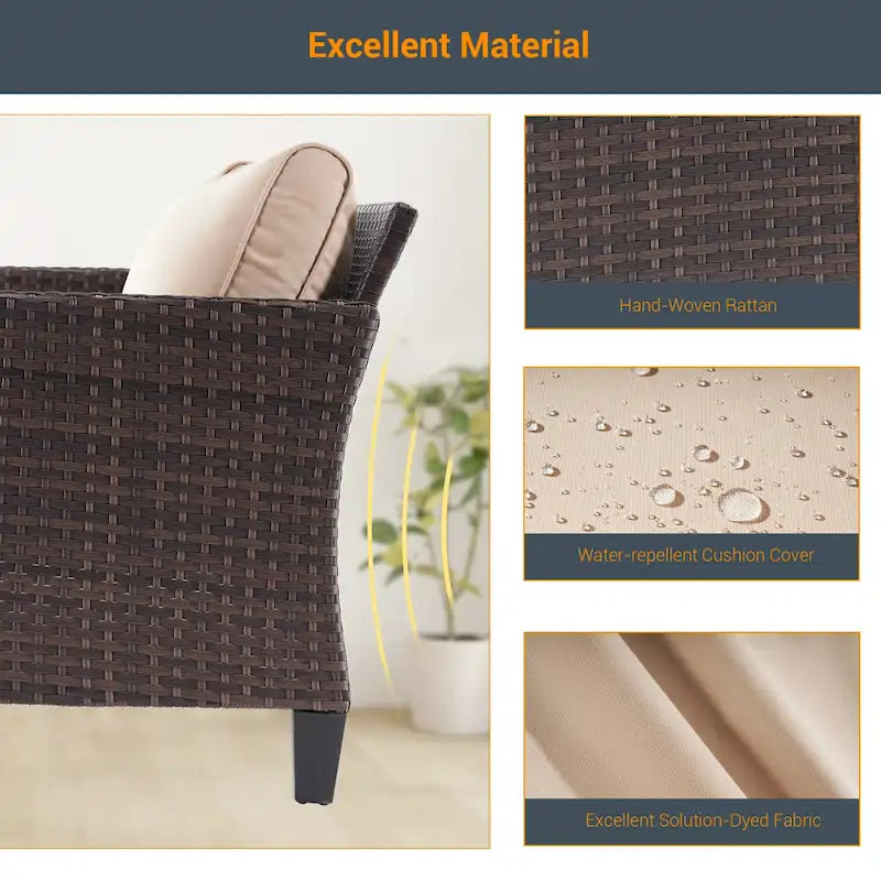 6-Piece PE Rattan Sofa Set Brown 3-Seat Sofa 2 Chairs 2 Ottomans 1 Table