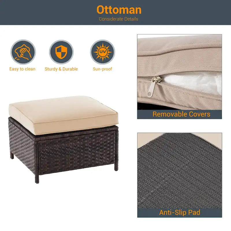 6-Piece PE Rattan Sofa Set Brown 3-Seat Sofa 2 Chairs 2 Ottomans 1 Table