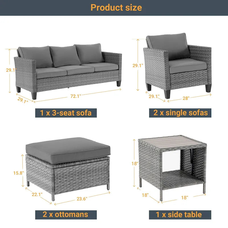 6-Piece PE Rattan Sofa Set Brown 3-Seat Sofa 2 Chairs 2 Ottomans 1 Table