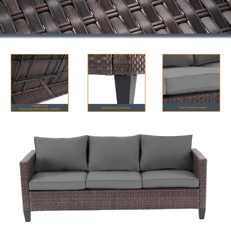 6-Piece PE Rattan Sofa Set Brown 3-Seat Sofa 2 Chairs 2 Ottomans 1 Table