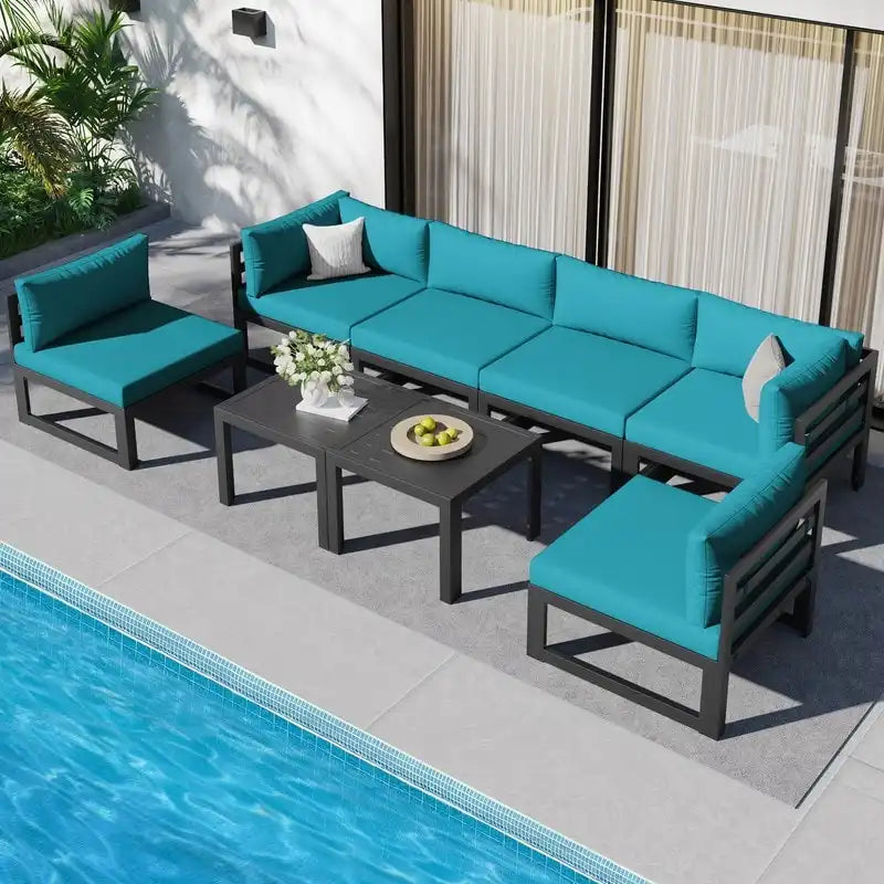 8-Piece Aluminum Sectional Set White Frame with Cushions 2 Corners 4 Armless 2 Tables