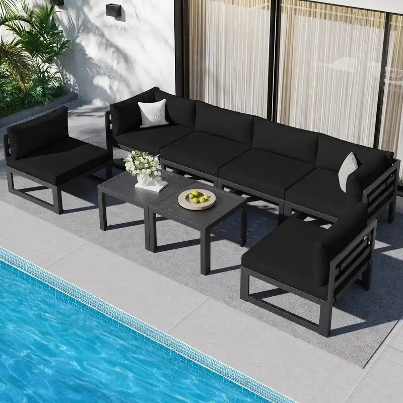 8-Piece Aluminum Sectional Set White Frame with Cushions 2 Corners 4 Armless 2 Tables