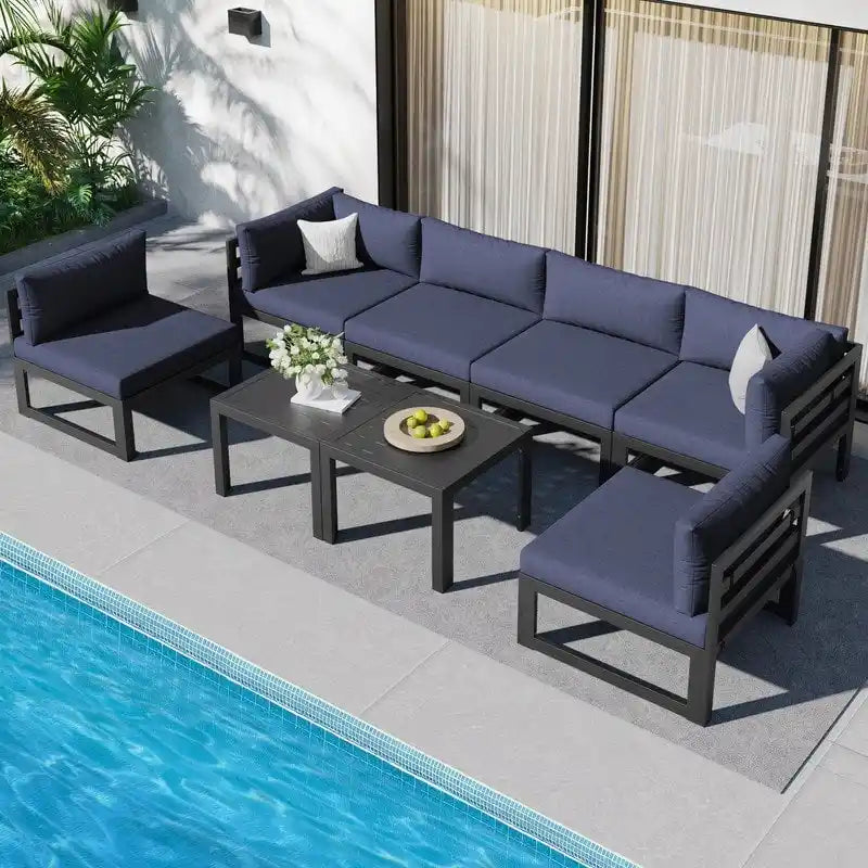 8-Piece Aluminum Sectional Set White Frame with Cushions 2 Corners 4 Armless 2 Tables