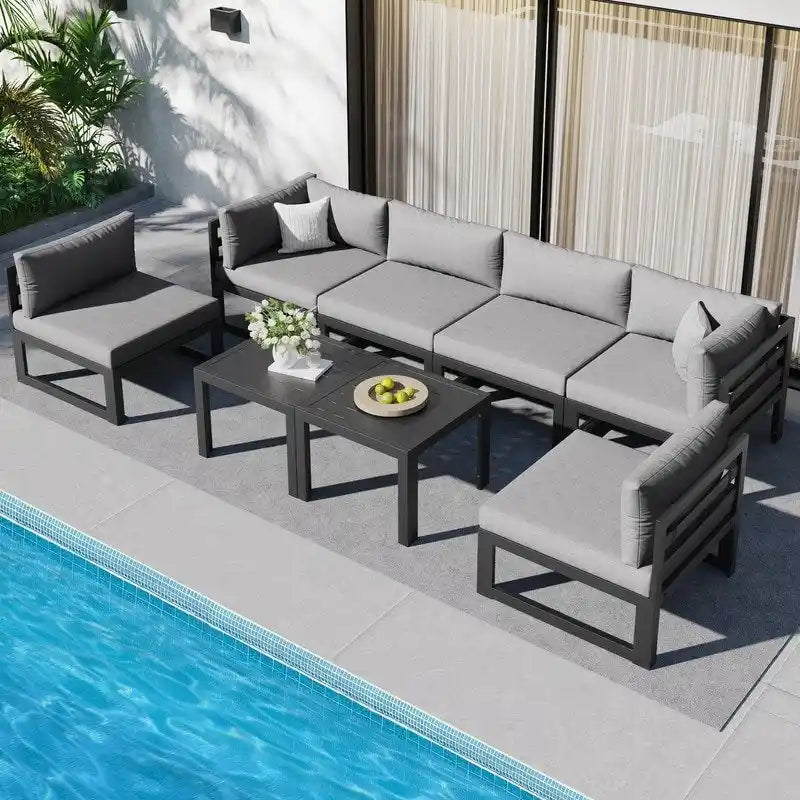 8-Piece Aluminum Sectional Set White Frame with Cushions 2 Corners 4 Armless 2 Tables