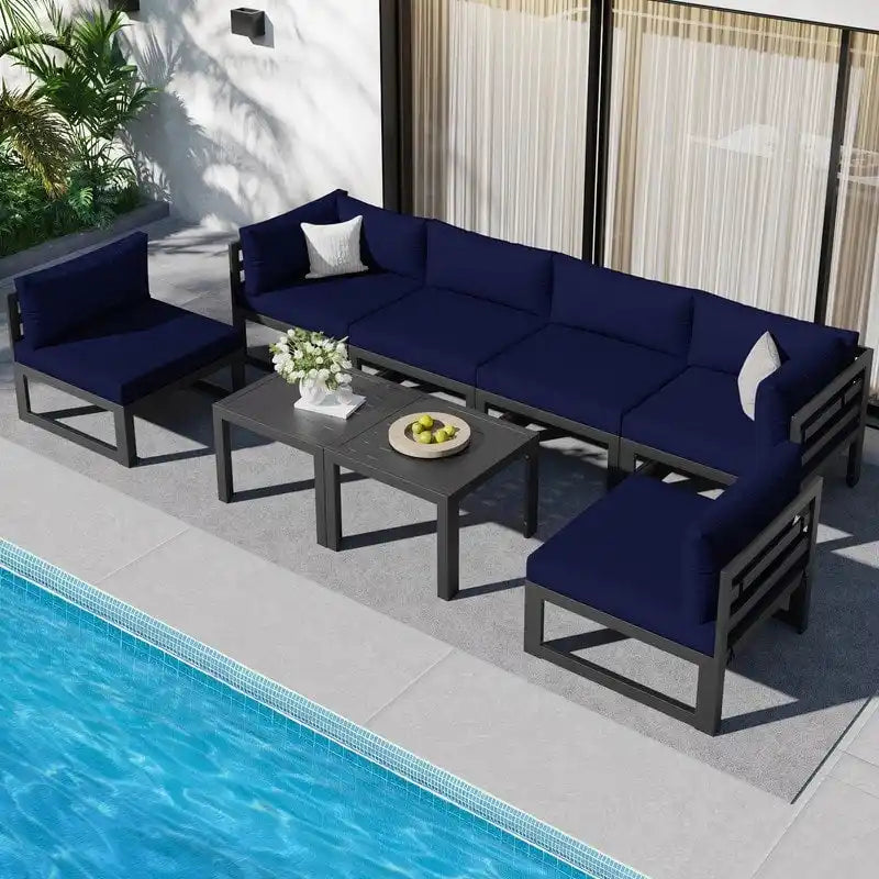 8-Piece Aluminum Sectional Set White Frame with Cushions 2 Corners 4 Armless 2 Tables