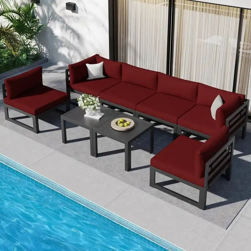 8-Piece Aluminum Sectional Set White Frame with Cushions 2 Corners 4 Armless 2 Tables