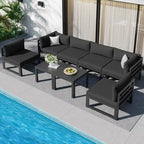 8-Piece Aluminum Sectional Set White Frame with Cushions 2 Corners 4 Armless 2 Tables