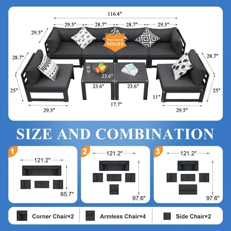8-Piece Aluminum Sectional Set White Frame with Cushions 2 Corners 4 Armless 2 Tables
