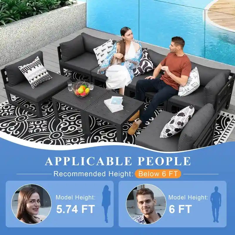 8-Piece Aluminum Sectional Set White Frame with Cushions 2 Corners 4 Armless 2 Tables