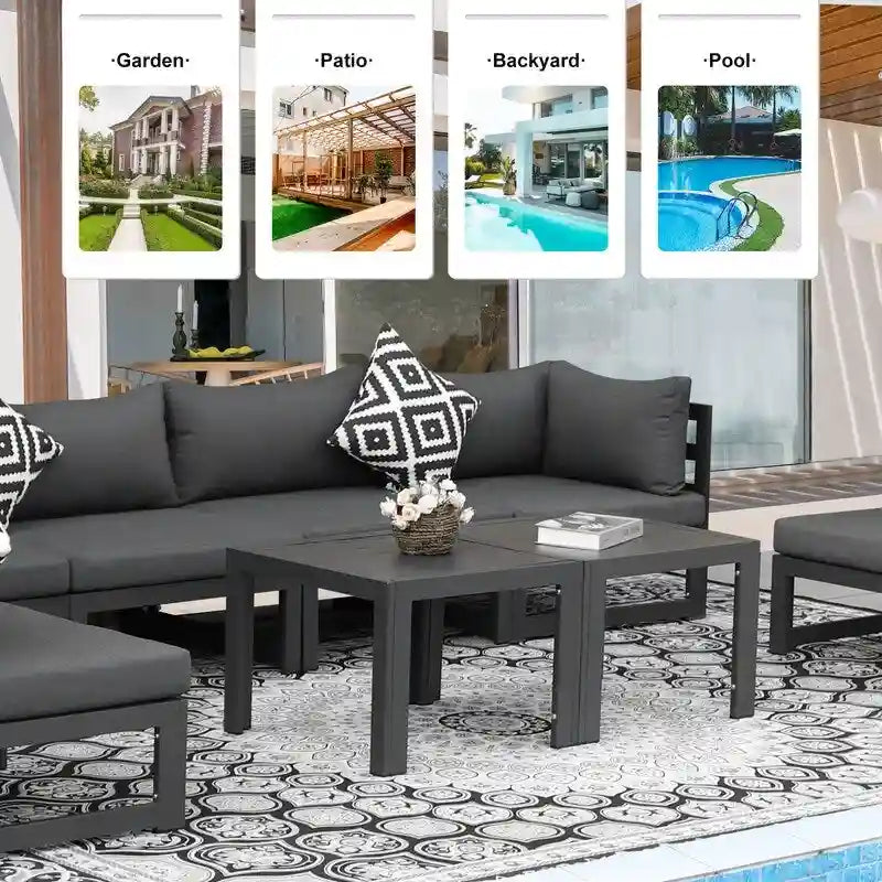 8-Piece Aluminum Sectional Set White Frame with Cushions 2 Corners 4 Armless 2 Tables