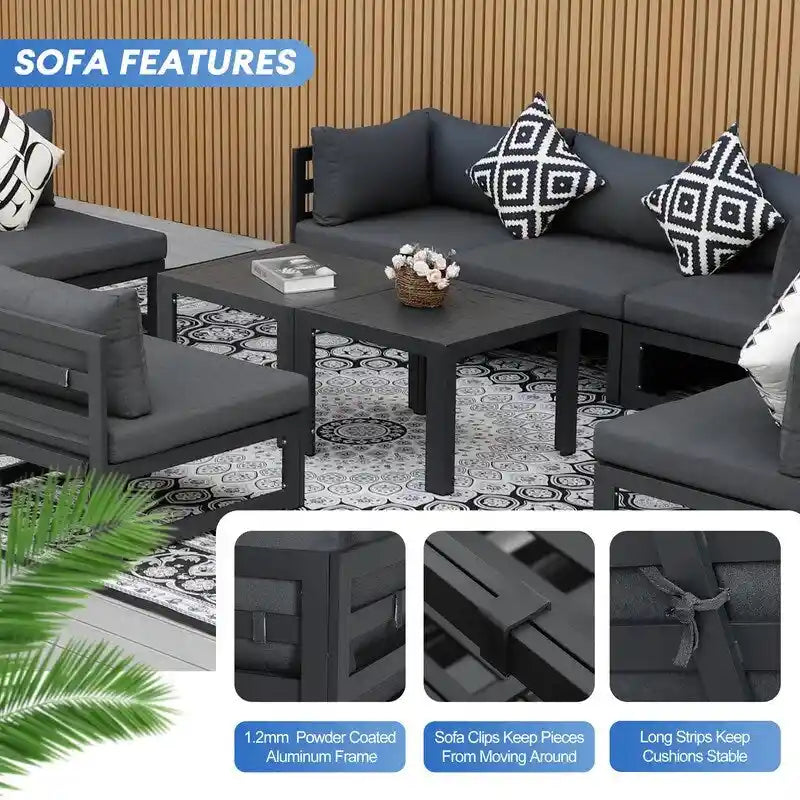 8-Piece Aluminum Sectional Set White Frame with Cushions 2 Corners 4 Armless 2 Tables