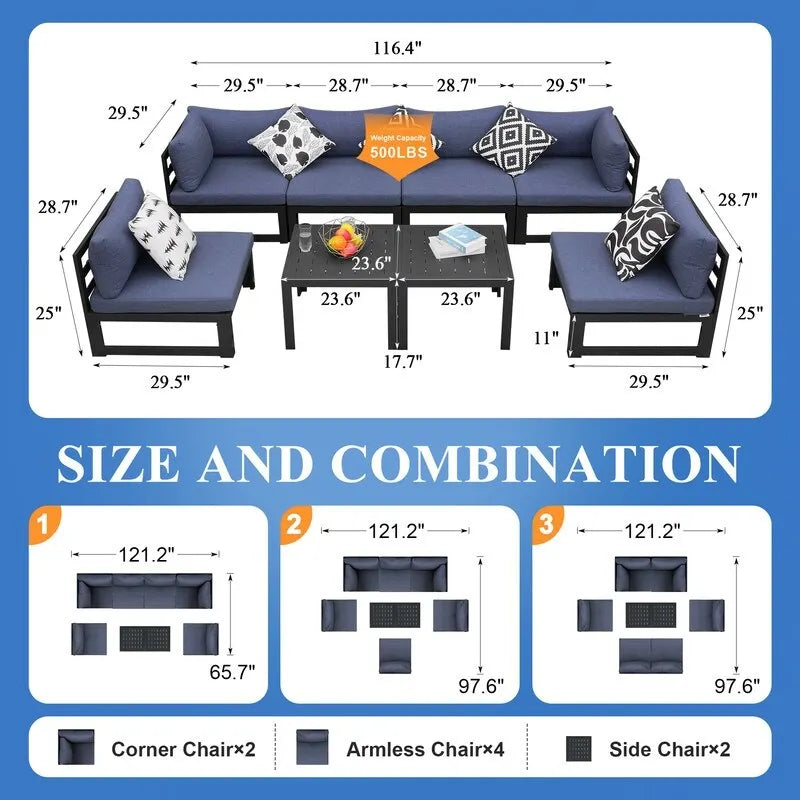 8-Piece Aluminum Sectional Set White Frame with Cushions 2 Corners 4 Armless 2 Tables