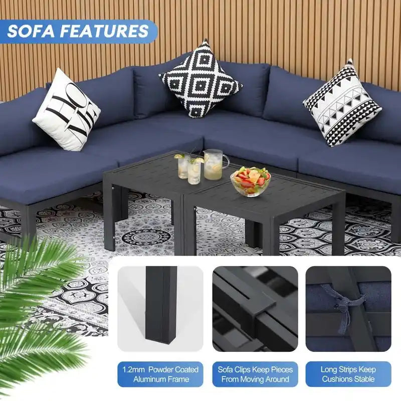 8-Piece Aluminum Sectional Set White Frame with Cushions 2 Corners 4 Armless 2 Tables