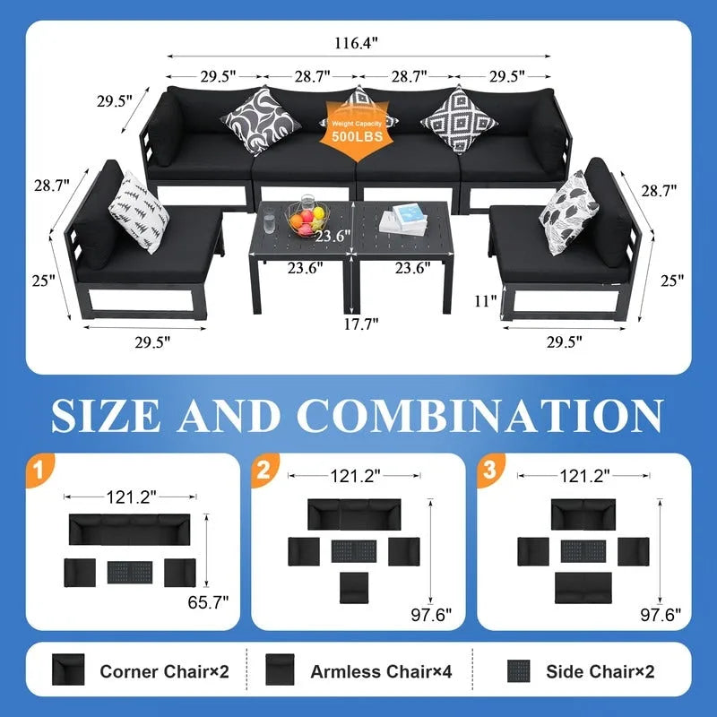 8-Piece Aluminum Sectional Set White Frame with Cushions 2 Corners 4 Armless 2 Tables