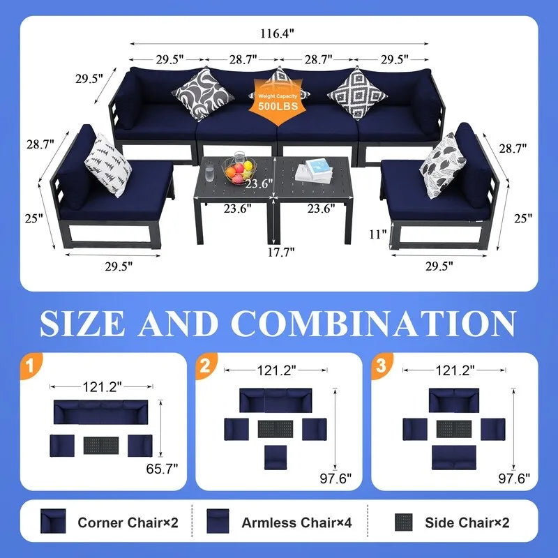 8-Piece Aluminum Sectional Set White Frame with Cushions 2 Corners 4 Armless 2 Tables