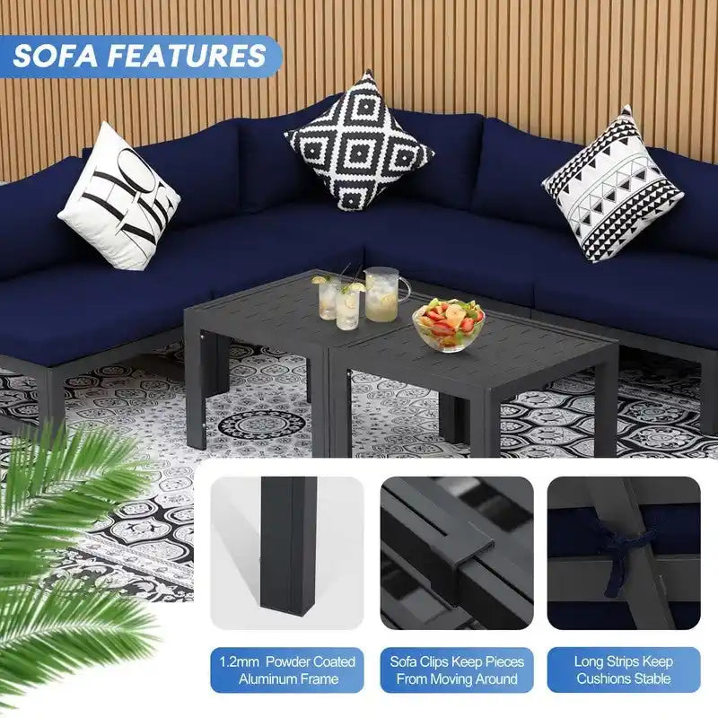 8-Piece Aluminum Sectional Set White Frame with Cushions 2 Corners 4 Armless 2 Tables